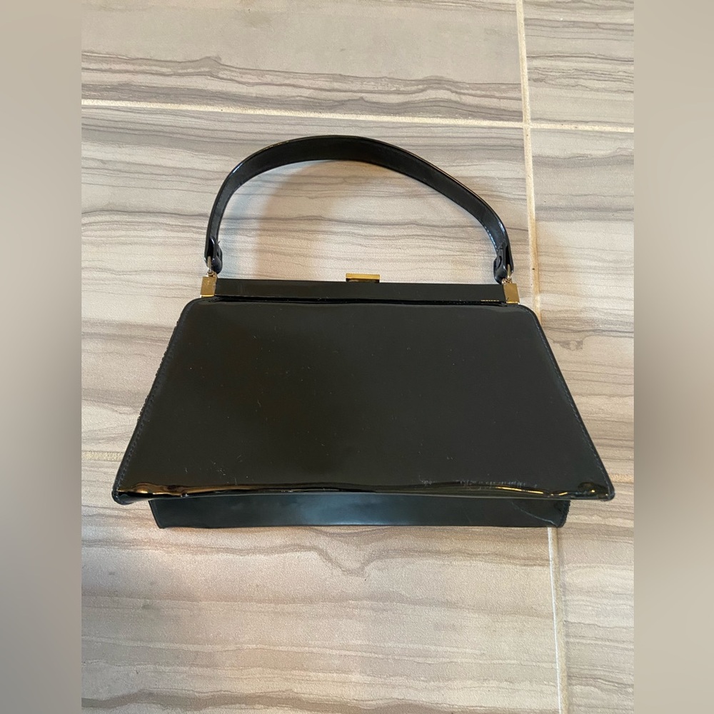 Vintage Bobby Jerome Black Vinyl Satchel Top Handle Purse Gold Hinge Clasp - Picture 14 of 14